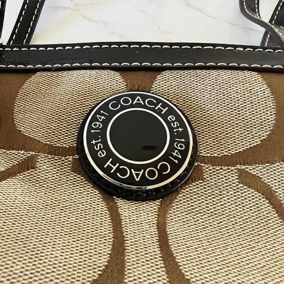 COACH Khaki Mahogany Signature Stripe Jacquard Tote Shoulder Bag - Picture 6 of 10